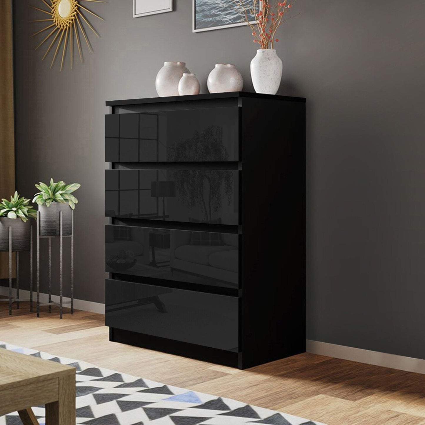 High Gloss Chest of Drawers Bedside Cabinet Tall Wide Storage Bedroom Furniture