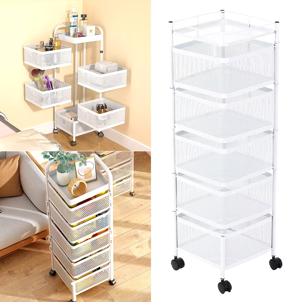 5-Layer Kitchen Shelves Rotatable Storage Rack with Wheels Bathroom Kitchen Organiser Fruit & Vegetable Storage Basket Shelf