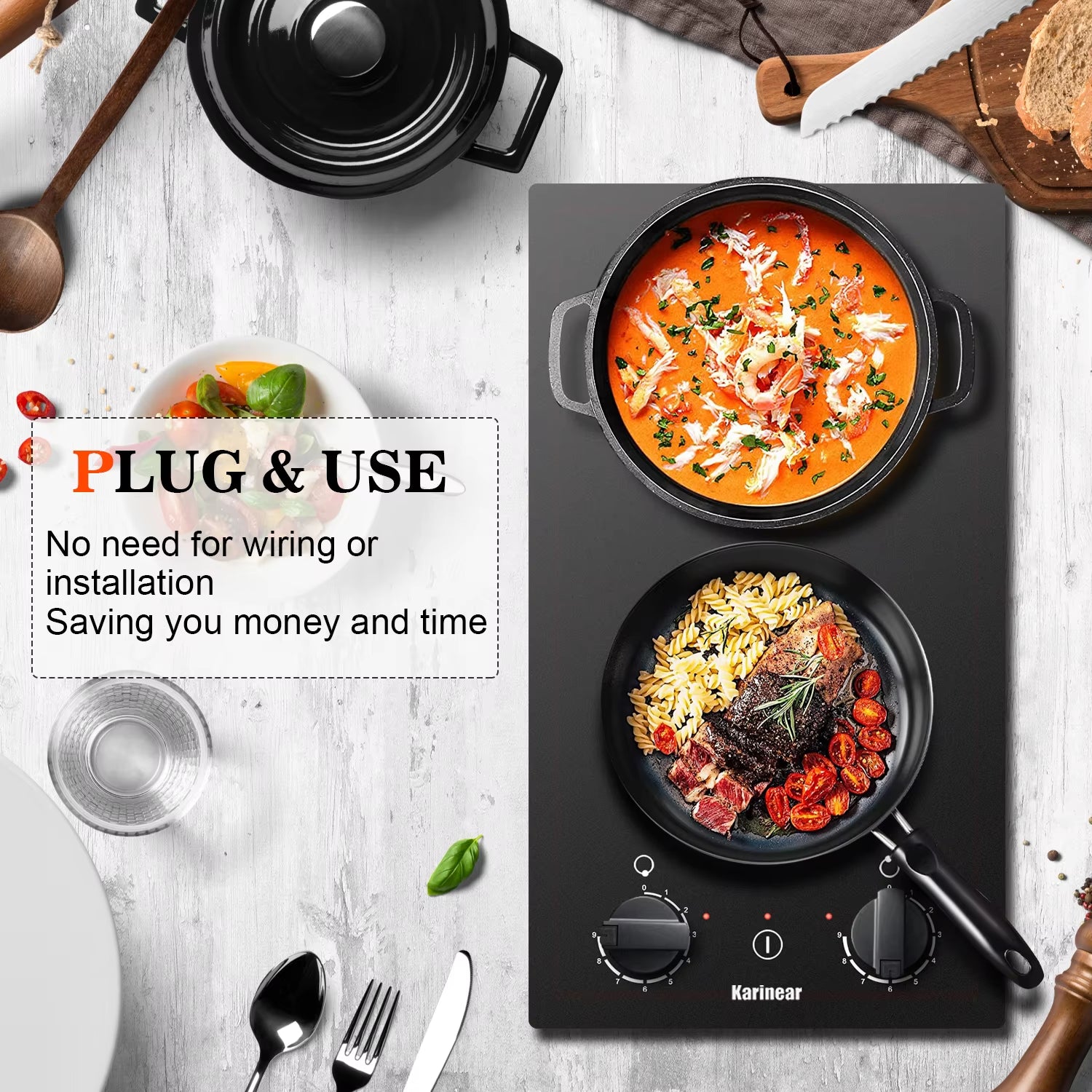 Built-In Induction Cooktop with 2 Burners, 30 Cm, Induction Hob with Plug and Knob Control