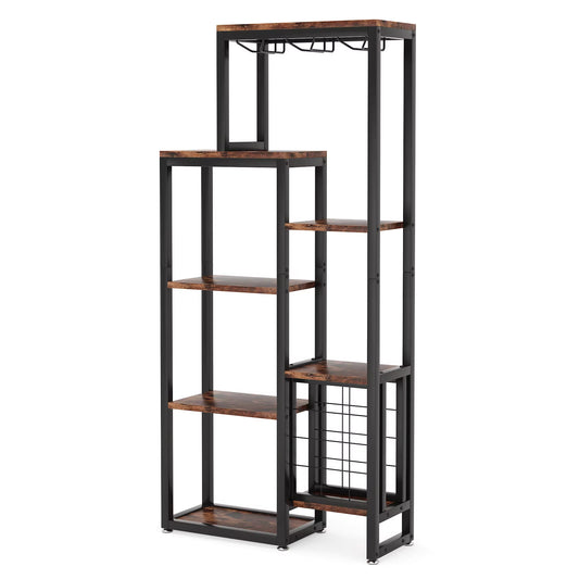 Wine Rack Freestanding Floor, 5-Tier Wine Baker Rack with Glass Holder & Wine Storage, Industrial Wine Display Shelf