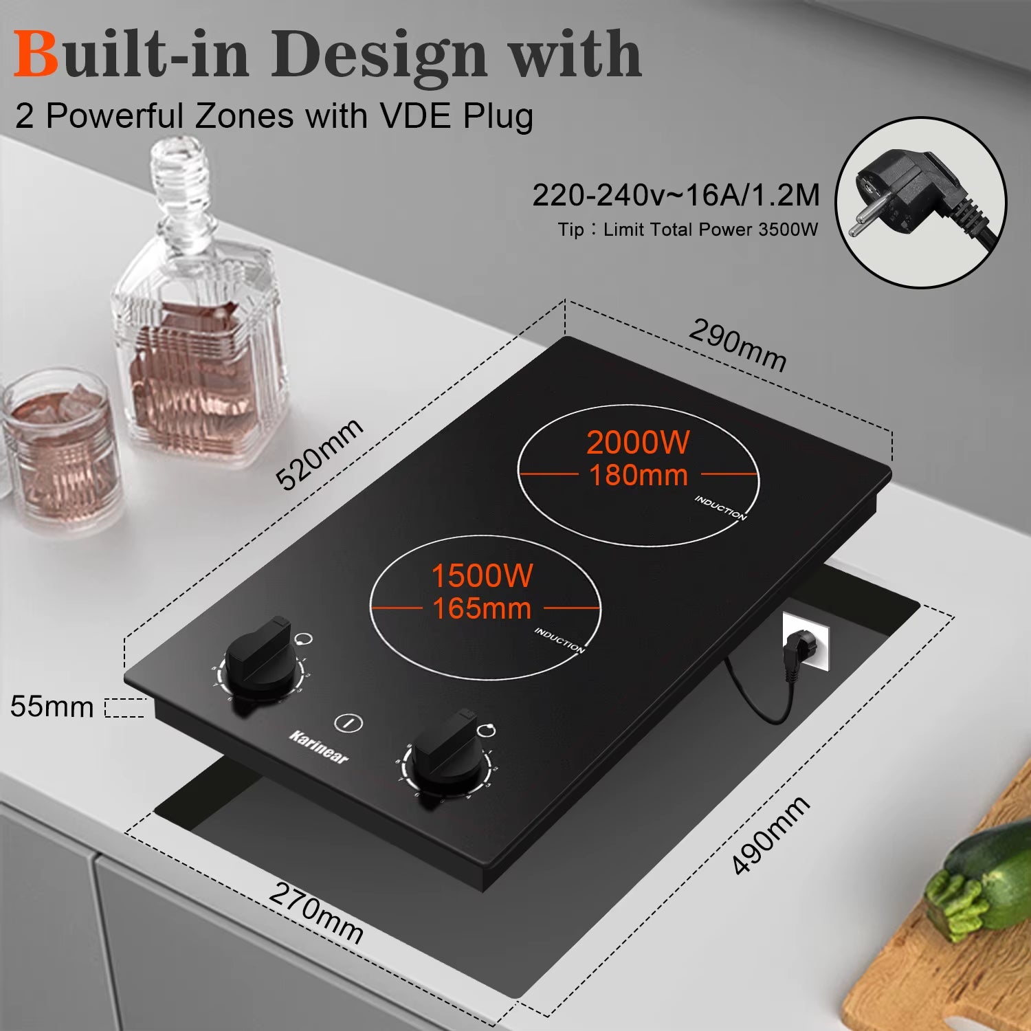 Built-In Induction Cooktop with 2 Burners, 30 Cm, Induction Hob with Plug and Knob Control