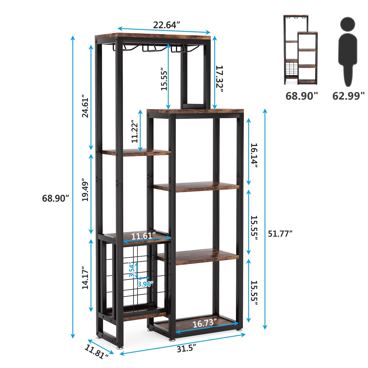 Wine Rack Freestanding Floor, 5-Tier Wine Baker Rack with Glass Holder & Wine Storage, Industrial Wine Display Shelf