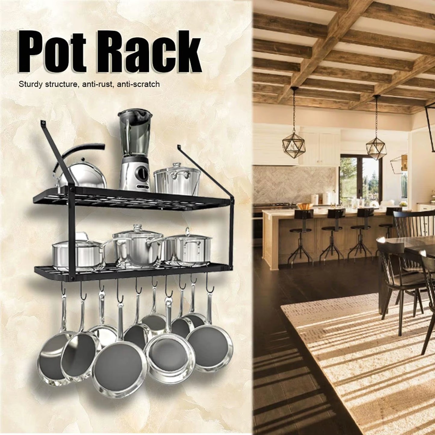 Double Layer Wall-Mounted Kitchen Rack - Wrought Iron Pot Storage Organizer with Hooks