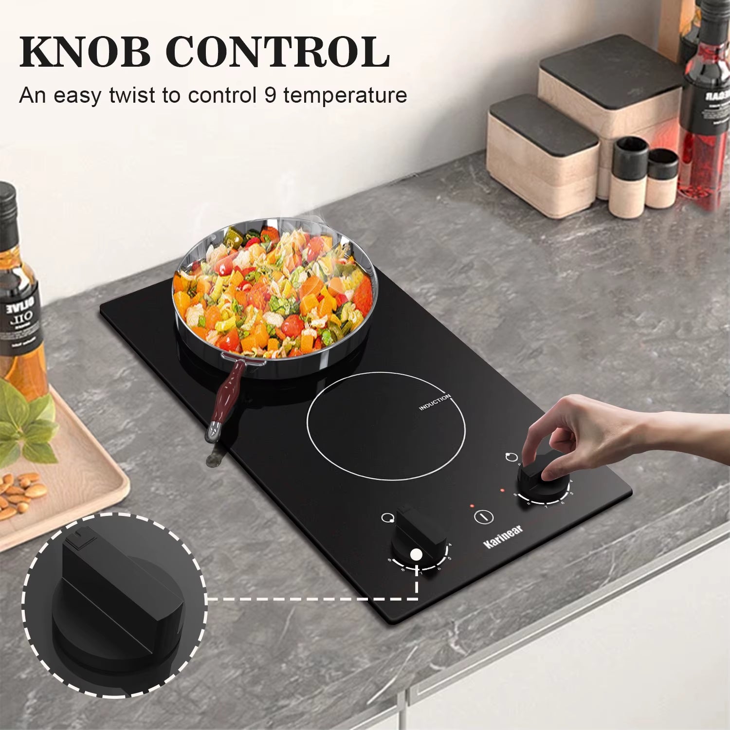 Built-In Induction Cooktop with 2 Burners, 30 Cm, Induction Hob with Plug and Knob Control