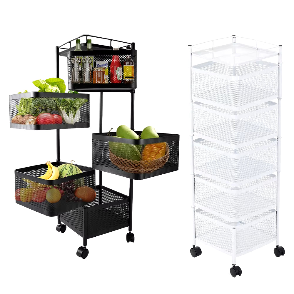 5-Layer Kitchen Shelves Rotatable Storage Rack with Wheels Bathroom Kitchen Organiser Fruit & Vegetable Storage Basket Shelf