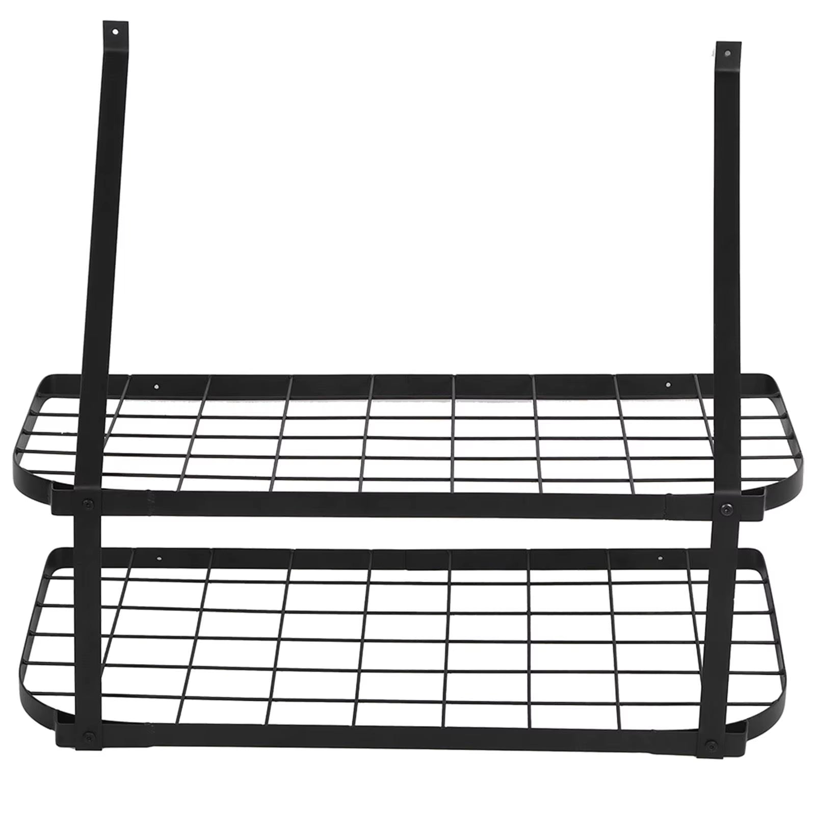 Double Layer Wall-Mounted Kitchen Rack - Wrought Iron Pot Storage Organizer with Hooks