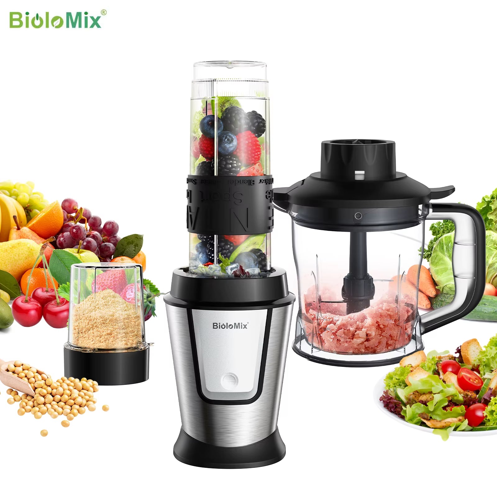 3-In-1 Multifunctional Food Processor 700W Portable Juicer Blender Personal Smoothie Mixer Food Chopper and Dry Grinder