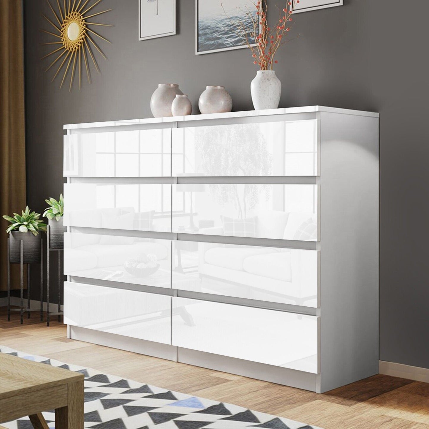 High Gloss Chest of Drawers Bedside Cabinet Tall Wide Storage Bedroom Furniture