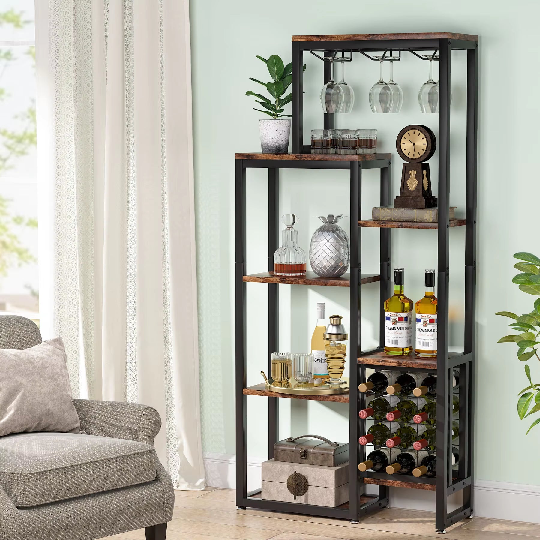 Wine Rack Freestanding Floor, 5-Tier Wine Baker Rack with Glass Holder & Wine Storage, Industrial Wine Display Shelf