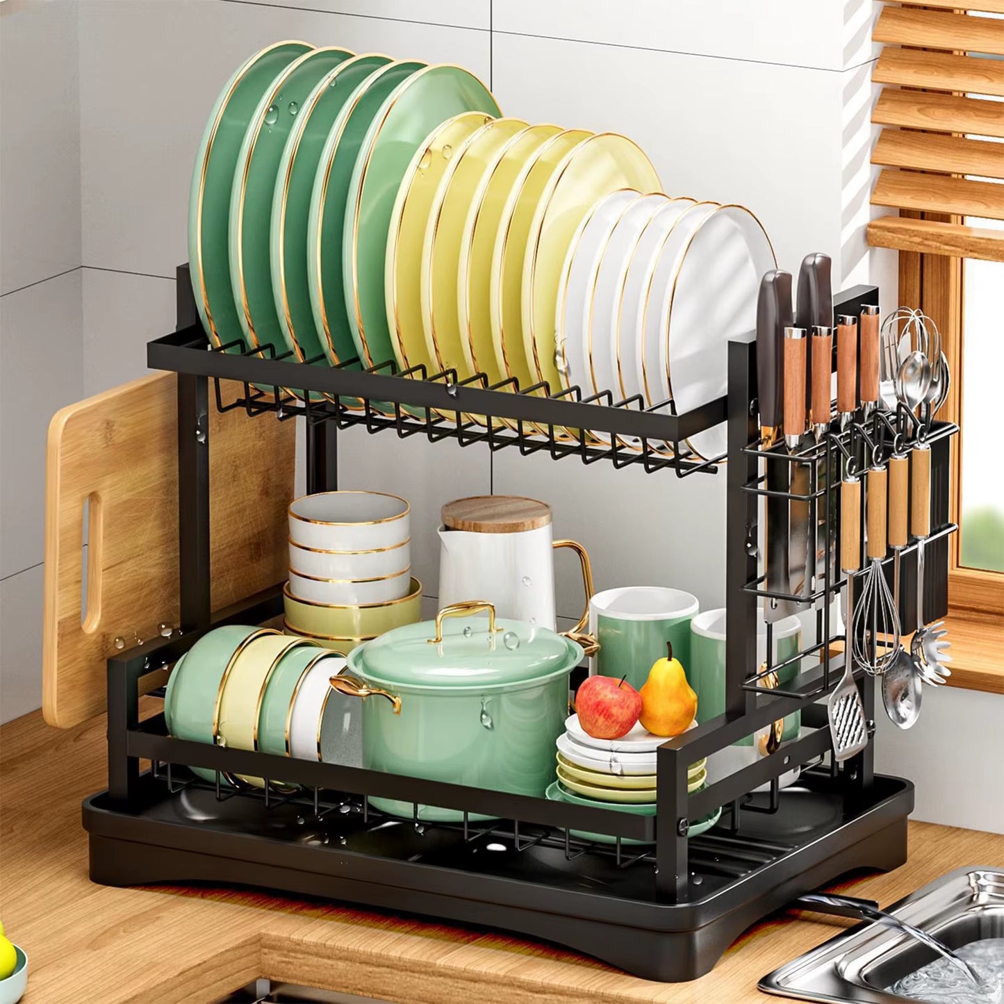 Dish Drainer Rack 2 Tier Rustproof Dish Drainer Rack with Drip Tray and Utensils Holder with 360° Swivel Spout Drain Board Set