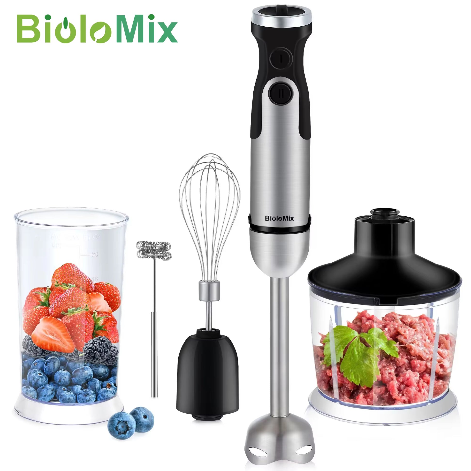 1200W 5-In-1 Immersion Hand Stick Blender Mixer Vegetable Meat Grinder 800Ml Chopper Whisk 600Ml Smoothie Cup