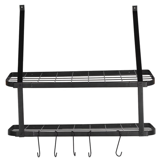 Double Layer Wall-Mounted Kitchen Rack - Wrought Iron Pot Storage Organizer with Hooks