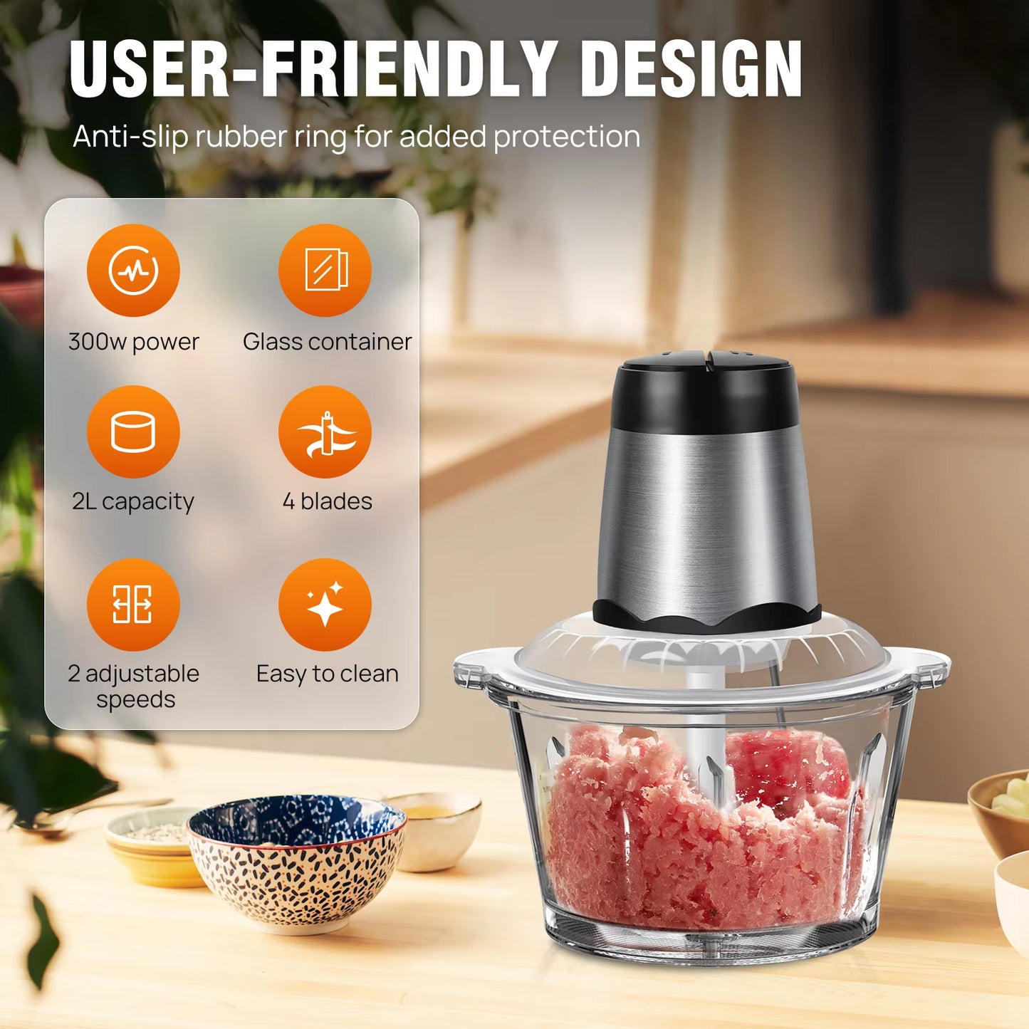 2L Electric Food Chopper Vegetable Chopper Small Food Processor Meat Grinder Mixer Electric Dicer with 2 Speeds Meat Mincer