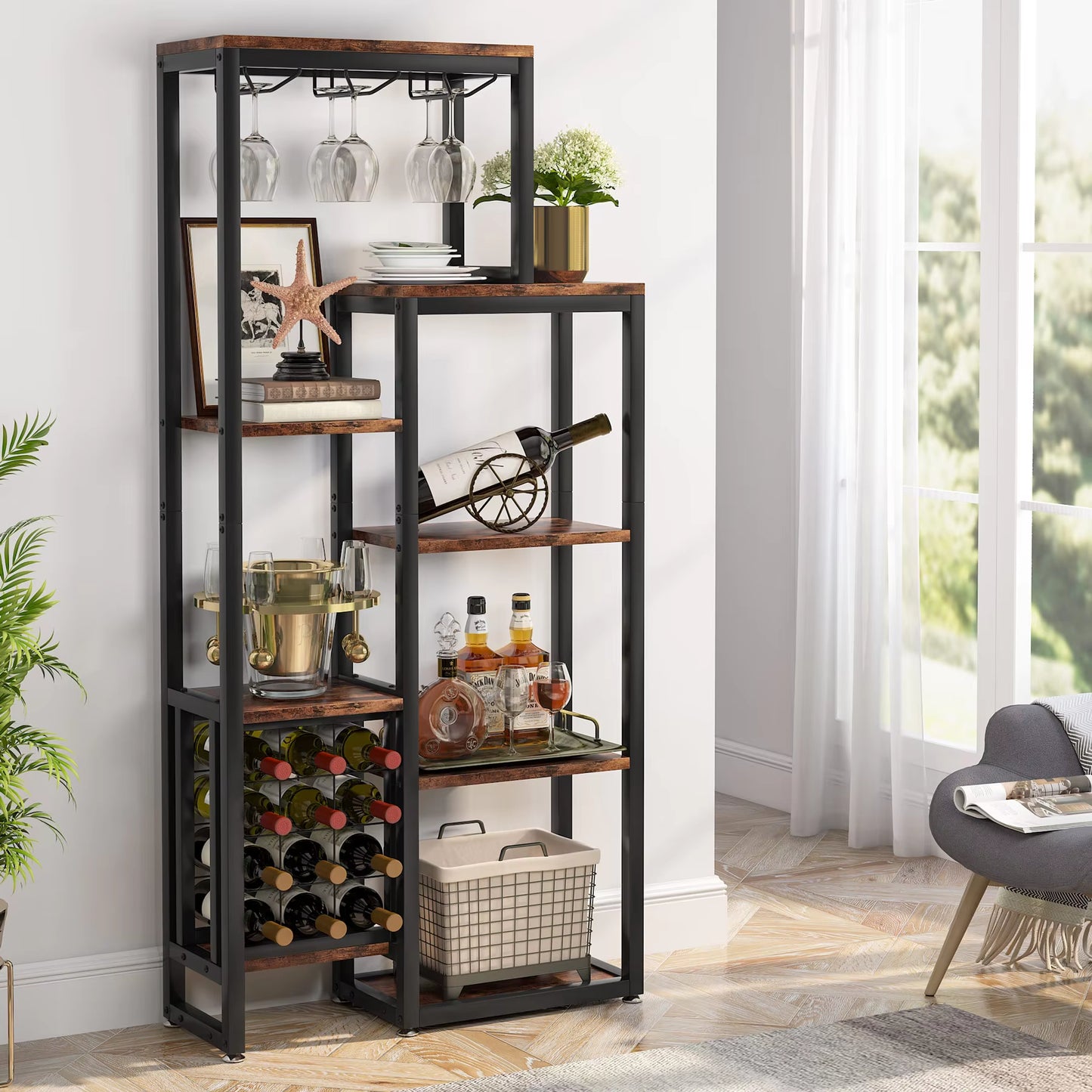 Wine Rack Freestanding Floor, 5-Tier Wine Baker Rack with Glass Holder & Wine Storage, Industrial Wine Display Shelf