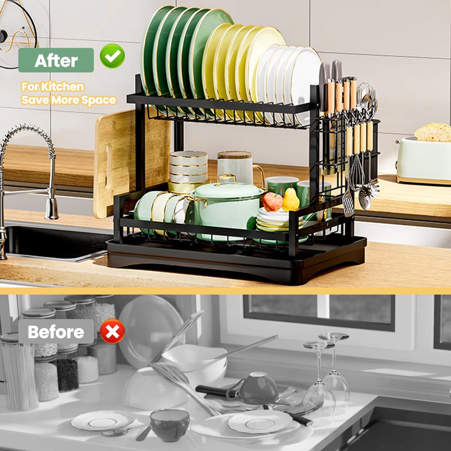 Dish Drainer Rack 2 Tier Rustproof Dish Drainer Rack with Drip Tray and Utensils Holder with 360° Swivel Spout Drain Board Set