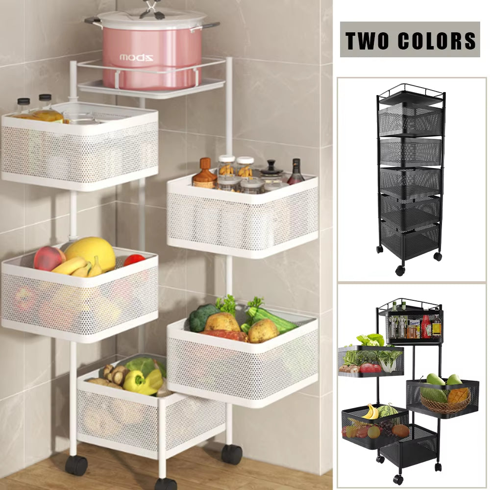 5-Layer Kitchen Shelves Rotatable Storage Rack with Wheels Bathroom Kitchen Organiser Fruit & Vegetable Storage Basket Shelf