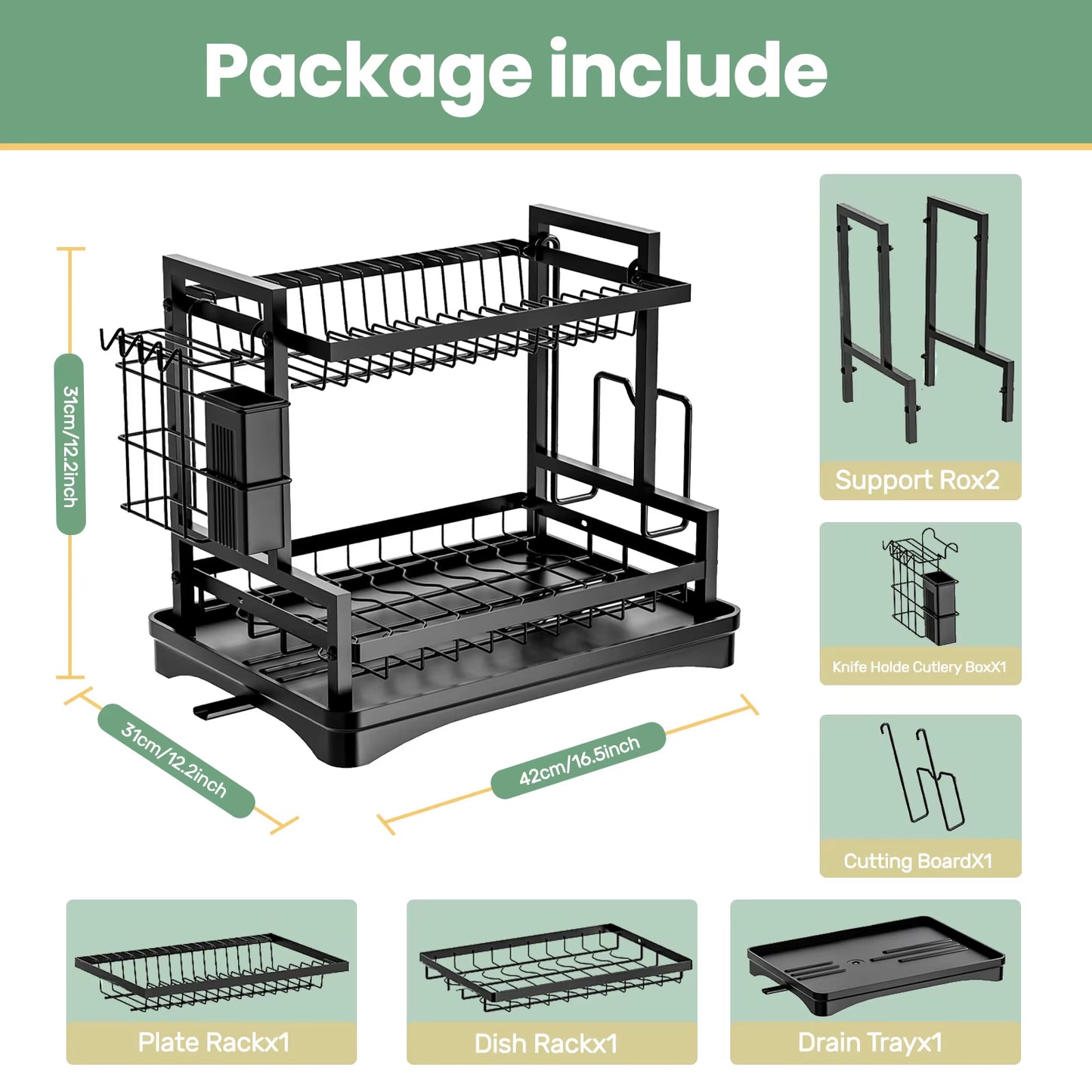 Dish Drainer Rack 2 Tier Rustproof Dish Drainer Rack with Drip Tray and Utensils Holder with 360° Swivel Spout Drain Board Set