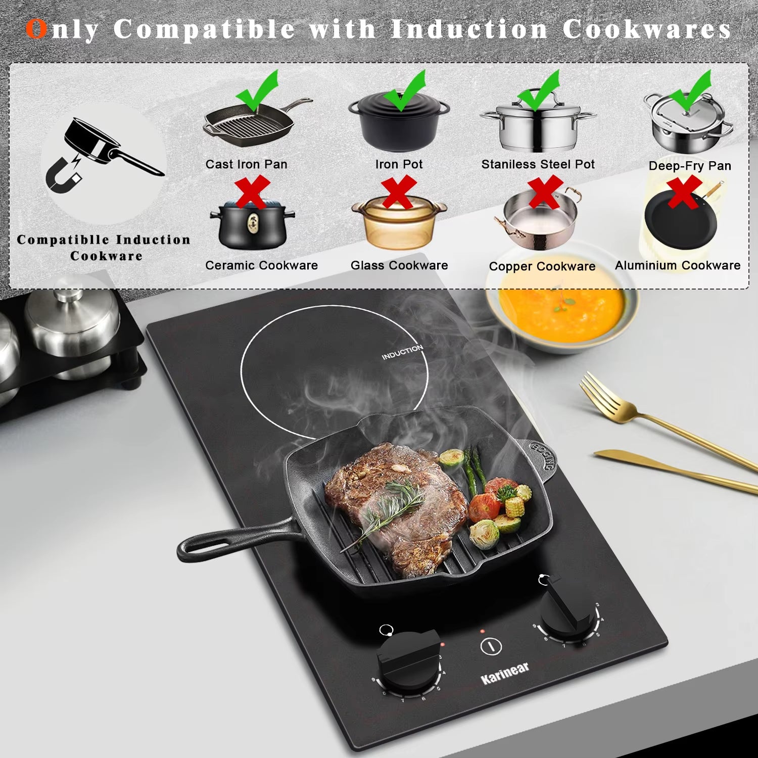 Built-In Induction Cooktop with 2 Burners, 30 Cm, Induction Hob with Plug and Knob Control