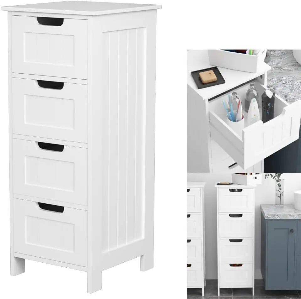 White Bathroom Cabinet Free Standing 4 Tier Floor Standing Bathroom with 4 Drawers PVC Storage Cupboard Unit Storage Waterproof