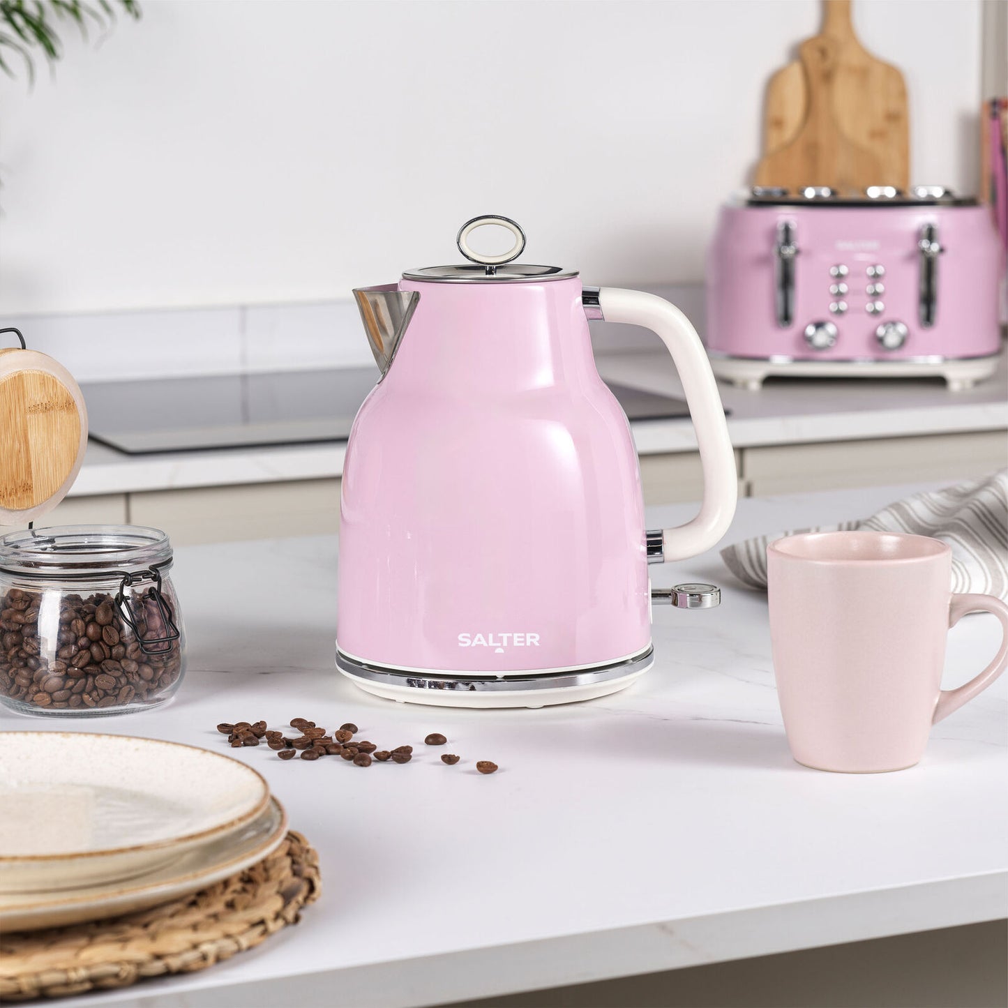 Salter Retro 3-Piece Countertop Set Espresso Machine, 1.7L Kettle & Toaster Pink